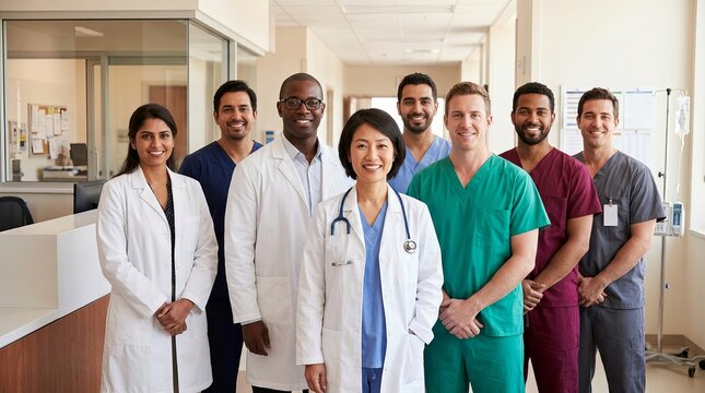 A smiling female doctor standing proudly with her diverse medical team in a modern clinic.