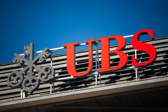 Zurich, Switzerland, April 25, 2026. The red UBS bank logo and keys symbol on a building rooftop