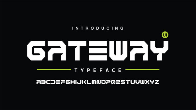 Gateway, Futuristic ancient modern techno sci fi display font, abstract geometric stencil expanded alphabet, clean monospaced letter set ares typeface 
