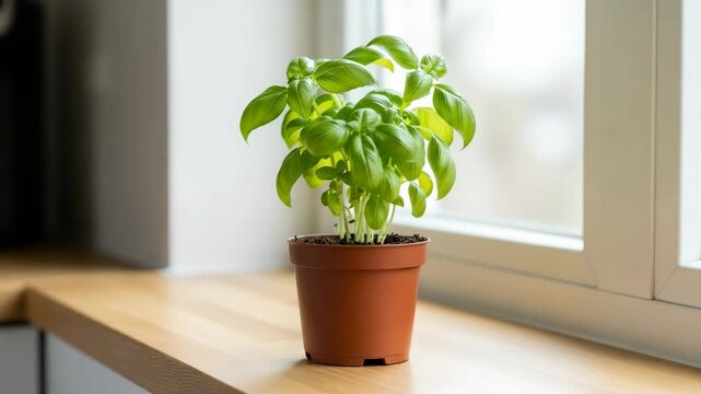 Small basil plant in brown pot on kitchen windowsill  