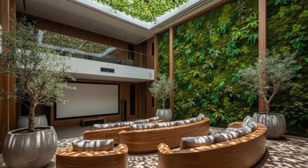 Fototapeta premium Elegant Home Cinema: Luxurious home cinema, boasting stylish seating, an expansive screen, and a vibrant green wall, offering the ultimate in entertainment in an upscale setting.
