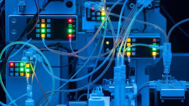Laboratory equipment with colorful lights and tangled wires  