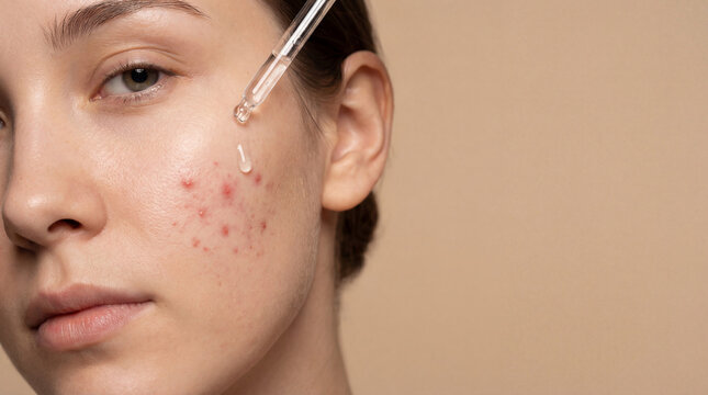 Woman applying serum on cheek with acne. Skin care routine for problematic skin treatment. Dermatological health care concept with pipette and cosmetic liquid for face blemish recovery.