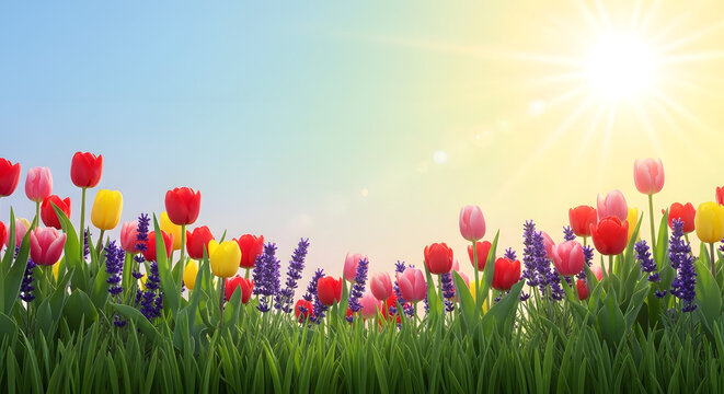 Colorful tulip field blooming under bright sunny spring morning sky