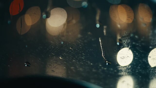 Raindrops on a car windshield at night with blurred city lights. Abstract bokeh of traffic headlights through wet glass. Moody urban weather background
