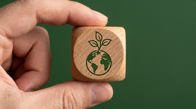 A wooden cube with a globe-and-sprouting-seed icon on a deep earth-green background, symbolizing regenerative business and planetary restoration.