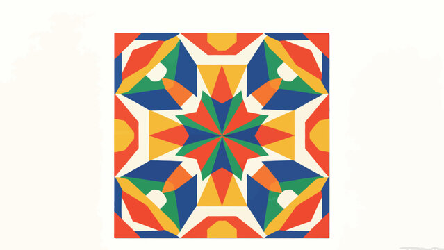 Square Four-Fold Rotationally Symmetrical Kaleidoscopic Radial Star Mandala Geometric Textile Pattern with Bold Vibrant Block Colors