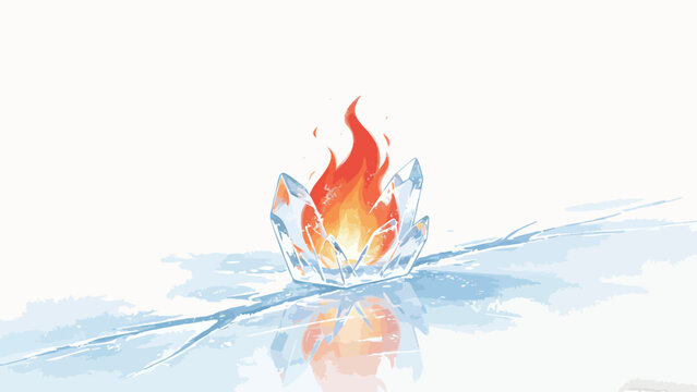 Delicate minimalist digital illustration of glowing flame held in lotus-shaped clear ice container on cracked frozen ice surface