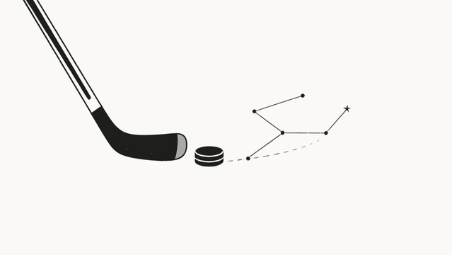 Minimalist Monochrome Conceptual Illustration of Ice Hockey Stick and Puck With Shot Trajectory Forming The Libra Constellation