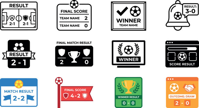 Soccer event icons scores winners and tournament results vector illustration