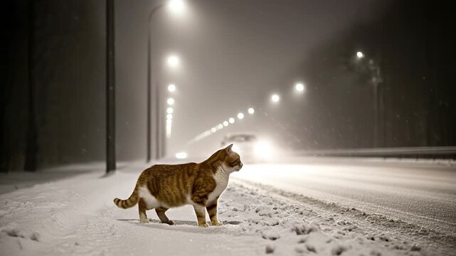 Cat standing on a snowy road at night with a car approaching. Winter weather traffic and stray animal danger concept