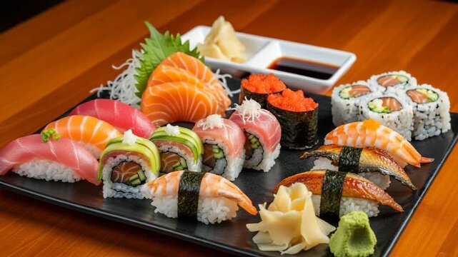 Assorted sushi platter with salmon, tuna, and vegetables on black plate  