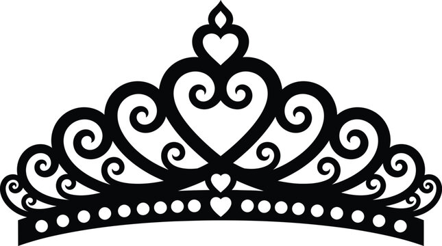 Black Royal Princess Tiara Silhouette with Hearts Vector