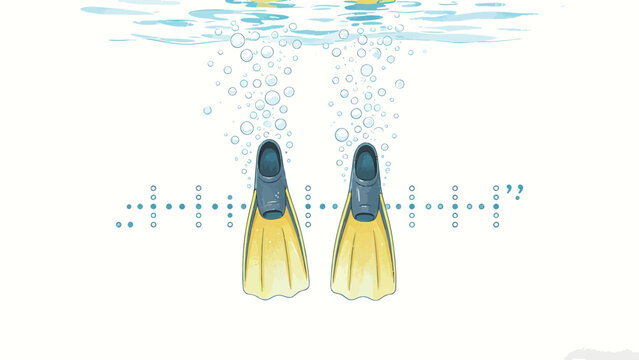 Whimsical conceptual underwater illustration of paired yellow scuba diving fins forming dashes in dotted morse code 'HELP?', with rising air bubbles, soft pale pastel color palette