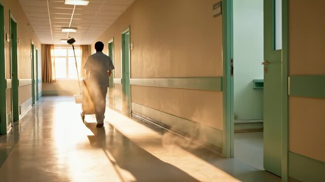 Janitor pushing a cleaning cart down a sunlit hospital corridor. Male cleaner in uniform walking through a medical facility hallway. Healthcare sanitation and maintenance