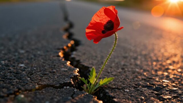 Red poppy flower growing through a crack in the asphalt. Resilience and hope concept with nature surviving in urban environment