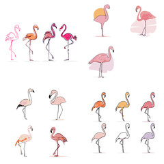 Fototapeta premium Various flamingos in colorful designs and unique poses 