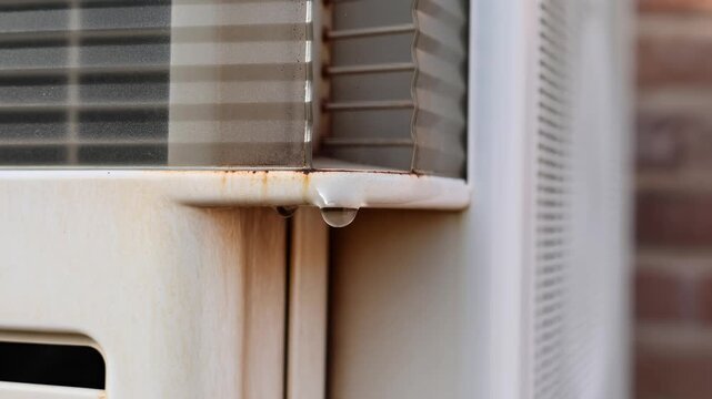 Close-up of water dripping from a rusty outdoor air conditioning unit. AC condensation leak and maintenance concept. Weathered cooling equipment