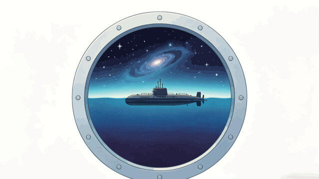 Surreal Porthole View of a Submarine Floating Precisely at Ocean Horizon Beneath Starry Sky with Luminous Spiral Galaxy, Dreamlike Minimalist Illustration