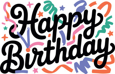 Obraz premium Happy birthday lettering with falling confetti and colorful star elements background.