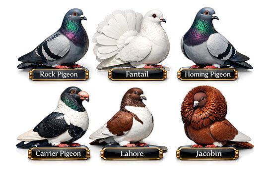 Various Pigeon Breeds Collection Including Rock Pigeon Fantail and Homing Pigeon on white background