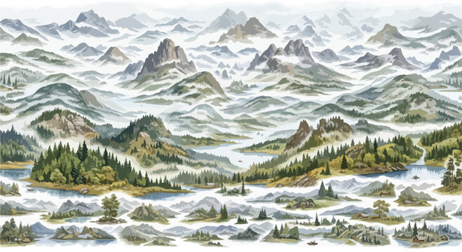 Vintage hand drawn mountain range landscape, antique style topographic map elements, rustic alpine peaks and evergreen forest vector set