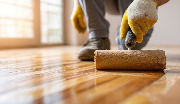 Renovating a wooden floor with a roller for a polished finish