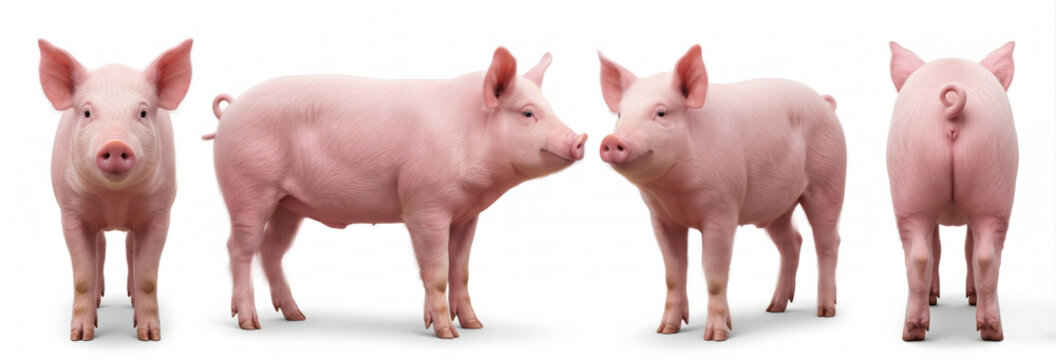 Pink pig turnaround reference sheet from multiple angles isolated on white panoramic background