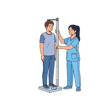 Medical professional measures height of young man using a stadiometer in a clinic setting for health checkup