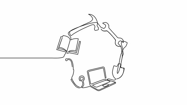 labour day may day line art animation looped background animation video 4k white and black version minimalist continuous line worker tools concept