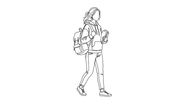 Continuous line drawing of a young woman walking with a backpack.