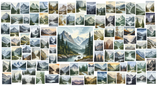 Watercolor mountain landscape collection, set of 80 nature illustrations with pine forests and rivers, scenic alpine wilderness art bundle