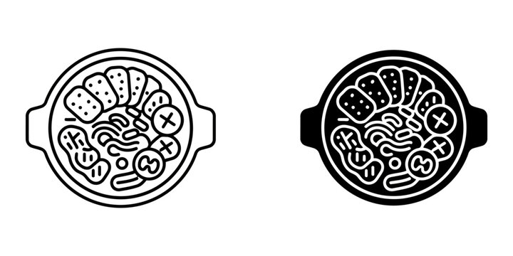Budae jjigae korean army stew line and silhouette icon set featuring ramen noodles spam slices tofu and vegetables in hot pot traditional spicy fusion cuisine illustration for restaurant menu design.