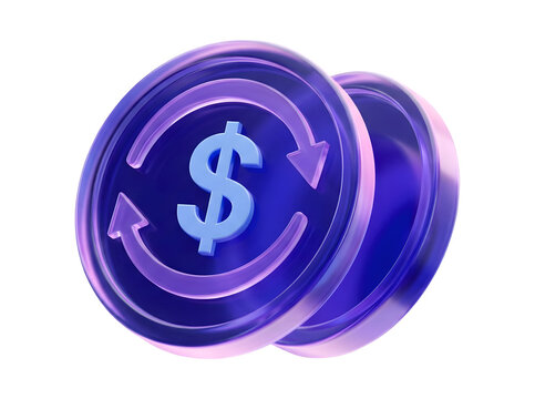 Isometric shiny purple coins with circular dollar sign representing financial exchange loop.