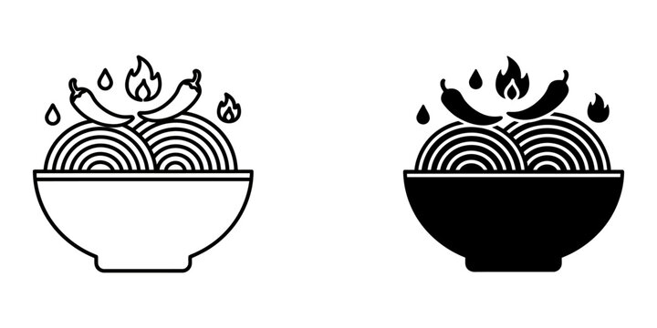 Bulldark spicy ramen noodles bowl icon set with chili peppers and fire flames representing extreme heat levels for korean fire noodle challenge and spicy food branding in line and silhouette art.