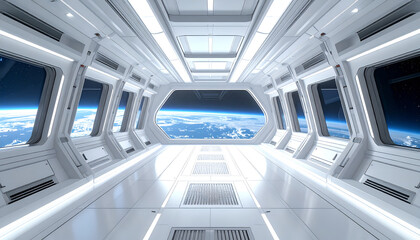 Fototapeta premium Futuristic Spaceship Corridor with Earth View.