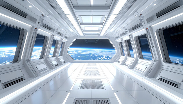 Futuristic Spaceship Corridor with Earth View.