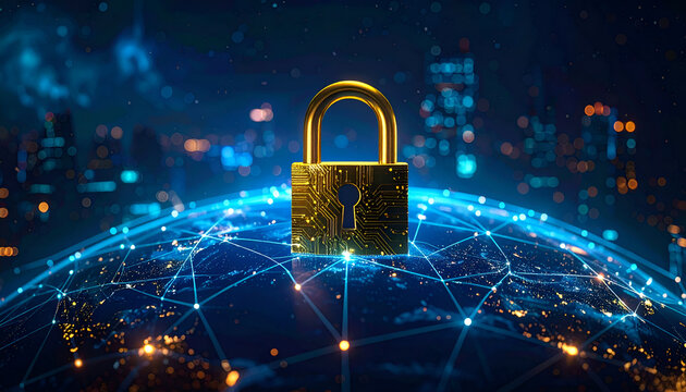 Golden Padlock Securing a Digital Network Globe with City Lights Background.