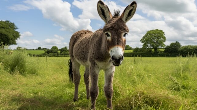 Young donkey standing in green grassy field with blue sky and clouds.