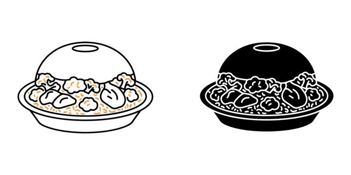 Maqluba traditional arabic food icon in outline and glyph style for middle eastern cuisine menu design rice meat and vegetable dish vector illustration isolated on white background for graphic.