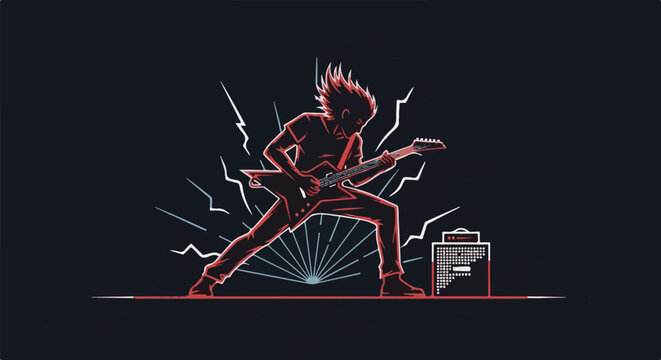 Energetic guitarist performing with electric guitar and amplifier