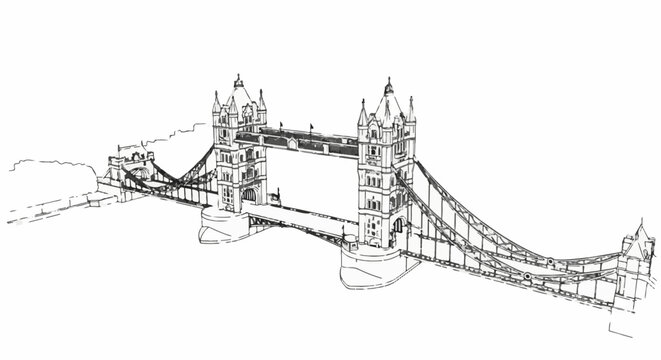 Detailed ink sketch of a historic bascule and suspension bridge over a river