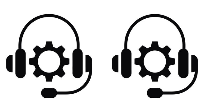 Customer service headset and gear icon collection with tech support symbols in gray, black and blue, modern professional vector for support and communication design.