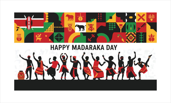 Happy madaraka day celebration with dancing silhouettes and kenyan abstract