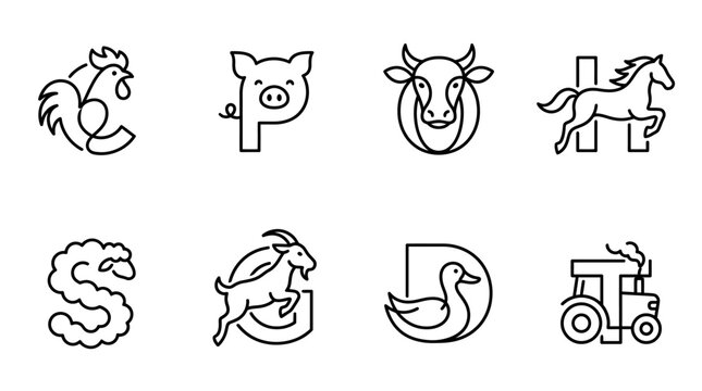 Black line icons of various animals.