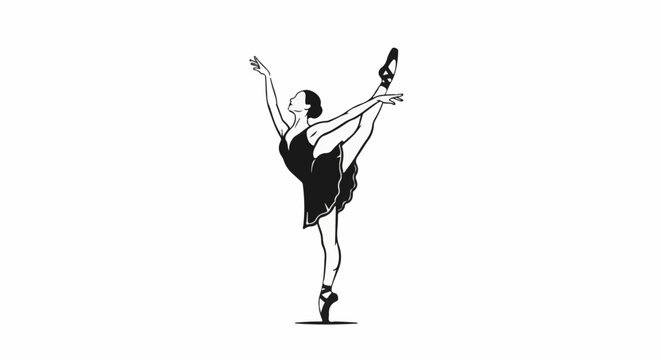 Elegant dancer in black tutu and pointe shoes performs a graceful pose
