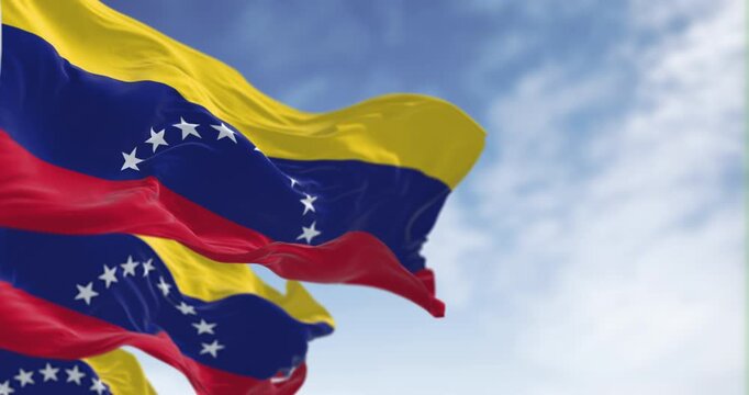 Venezuela national flags waving in the wind. Tricolor of yellow, blue and red with an arc of eight white stars in the center. Seamless 3d render animation. Slow motion loop. Selective focus