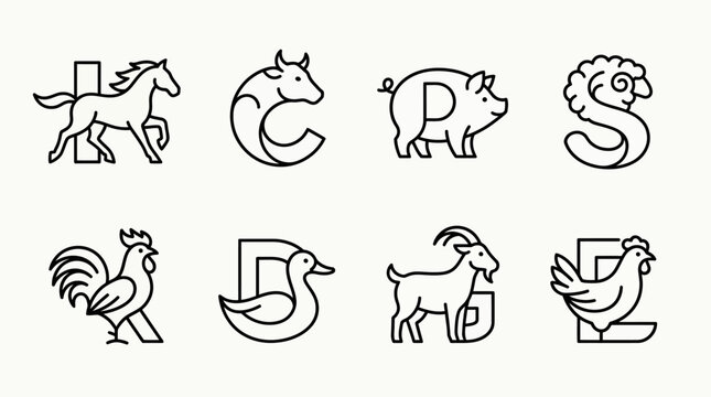 Alphabet animal icons in outline.