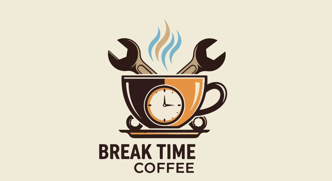 Coffee cup with wrenches and clock signifies a break for refreshments