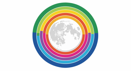 Fototapeta premium Concentric colored arcs surround a detailed moon in a graphic design